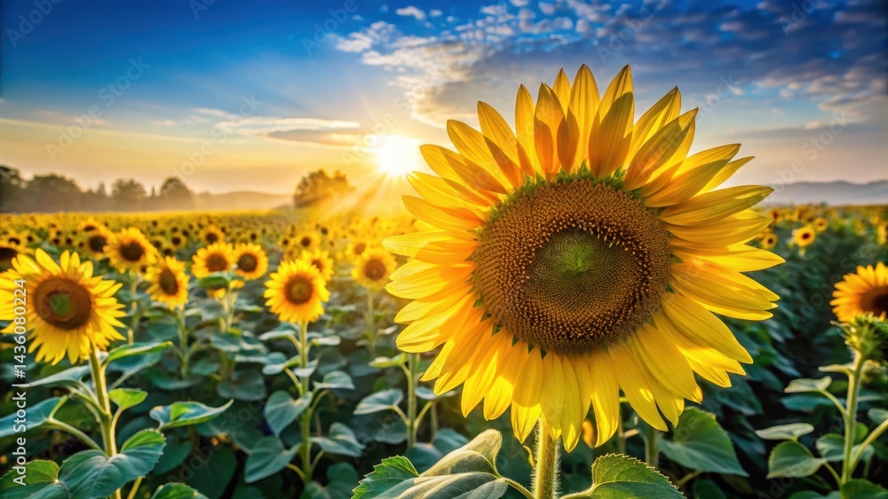 Fototapeta premium Sunflower field at dawn, bright yellow petals against a clear blue sky, dew drops, sunny field