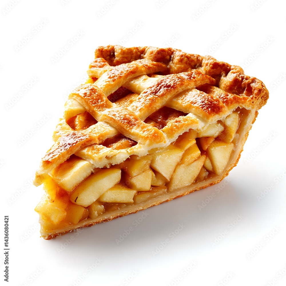 A delicious slice of homemade apple pie with a lattice crust, isolated on a clean white background A delicious slice of homemade apple pie with a lattice crust, isolated on a clean white background