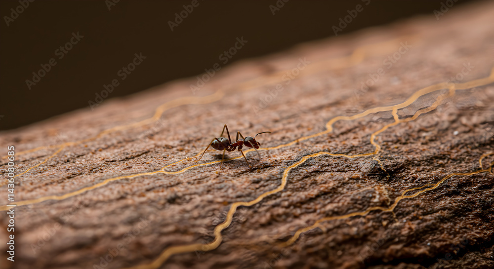 Fototapeta premium Ant On The Textured Tree Bark With An Interesting Pattern Design