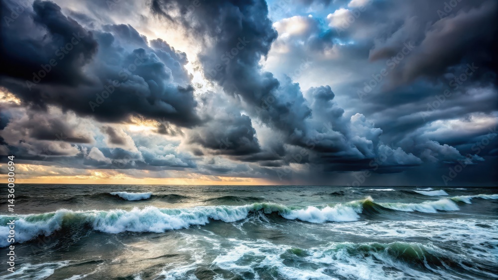 Obraz premium Dark grey storm clouds are gathering over the turbulent sea, with winds whipping up waves and spray flying high into the air , cloudy sky, windy weather