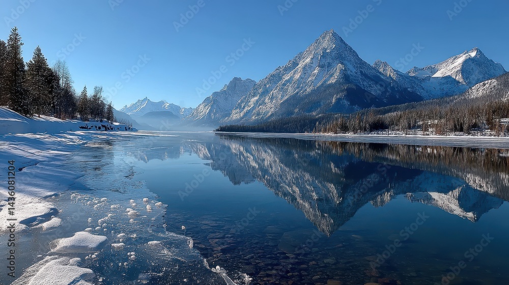 Stunning Snow-Covered Mountains Reflected in Serene Alpine Lake Stunning Snow-Covered Mountains Reflected in Serene Alpine Lake