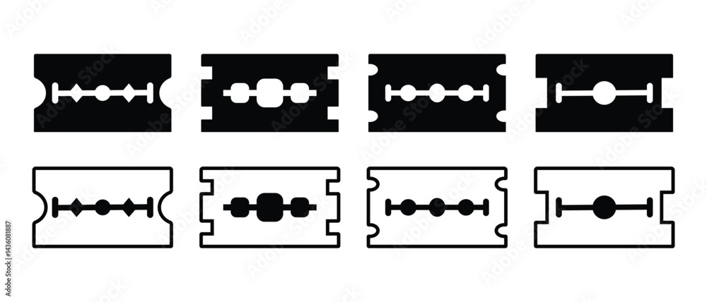 Obraz premium Razor blade icon set. Razorblade sign fill and outline symbol graphic design. Flat style black silhouette of razor icon isolated on white background. Vector illustration. EPS 10