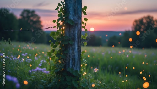 Old Wooden Post with Vines in a Summer Meadow at Sunset