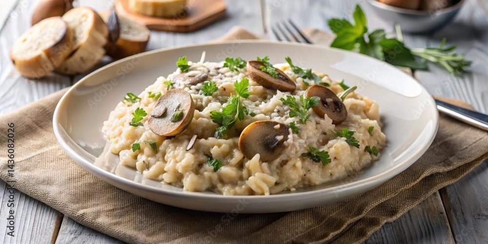 Creamy mushroom risotto with a sprinkle of parsley on a white plate, garnished with shaved Parmesan cheese , creamy mushroom risotto, comforting meal Creamy mushroom risotto with a sprinkle of parsley on a white plate, garnished with shaved Parmesan cheese , creamy mushroom risotto, comforting meal
