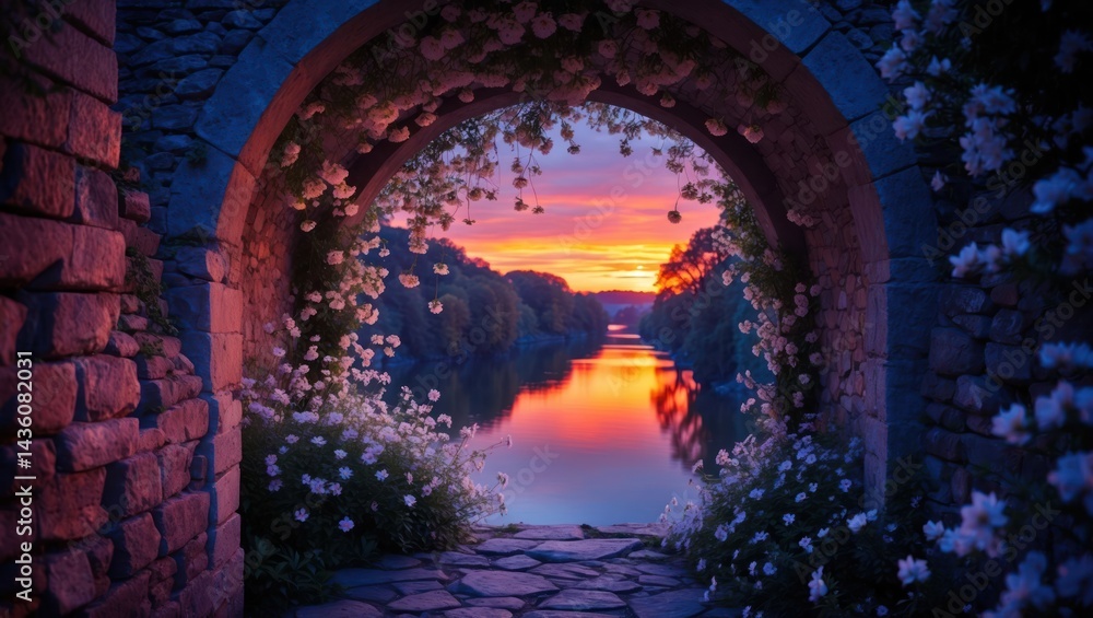 Fototapeta premium River View Through Stone Archway with Flowers at Dramatic Sunset
