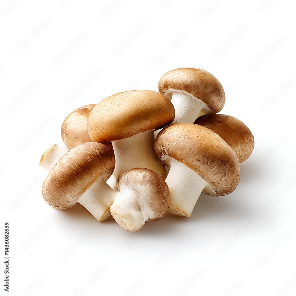 A group of fresh cremini mushrooms isolated on a clean white background A group of fresh cremini mushrooms isolated on a clean white background