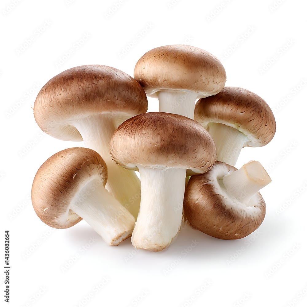 A group of fresh cremini mushrooms isolated on a clean white background A group of fresh cremini mushrooms isolated on a clean white background