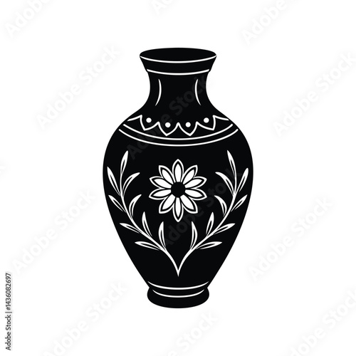 Silhouette art illustration of an old French faience vase with floral motifs.eps
