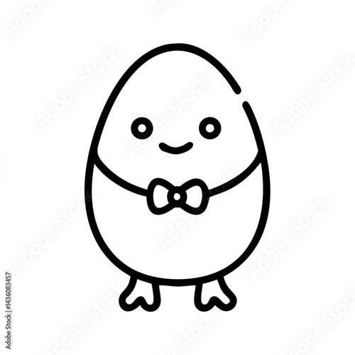 Cute cartoon character resembling an egg with a bow tie and arms standing cheerfully against a simple background