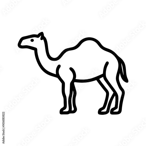Camel standing in a desert landscape under a clear sky during daylight hours showcasing its distinctive features and silhouette