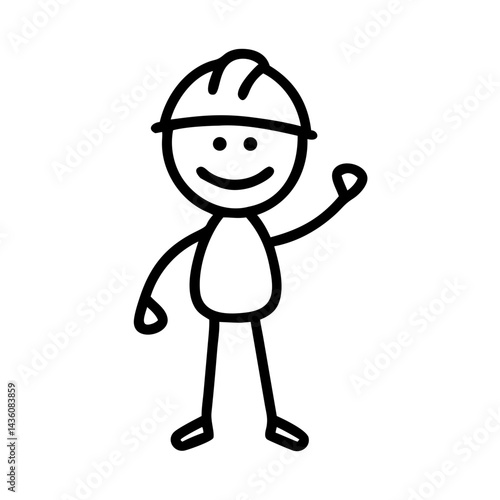 Construction worker greeting with a smile in a simple drawing style wearing a hard hat and poised in a cheerful waving position