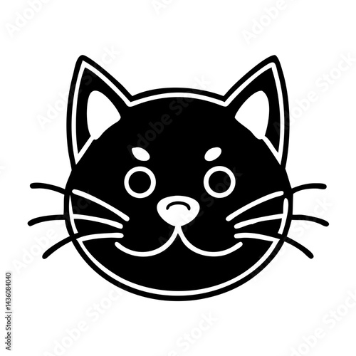 Cute black cat face illustration featuring a playful expression with prominent whiskers, simple lines, and minimalist design, suitable for various creative projects