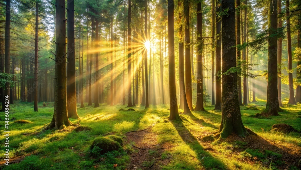 Fototapeta premium Forest scene with sunlight filtering through trees, creating a warm glow on the forest floor, lighting