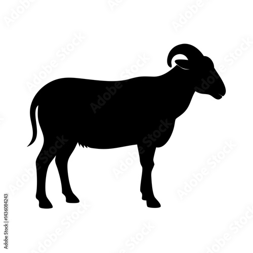 Silhouette of a black sheep standing on a plain background showcasing its characteristic features and form during daylight hours