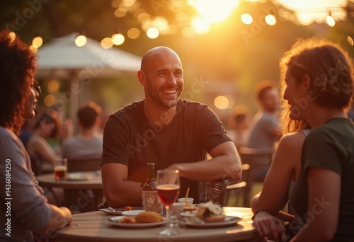Wallpaper Mural young bald man laughing with friends at an outdoor cafe. warm sunset light, shallow depth of field (3) Torontodigital.ca