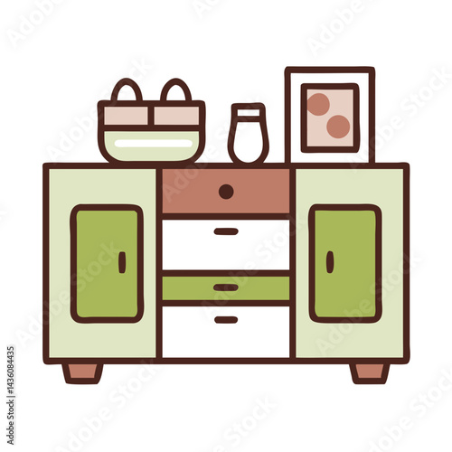 Decorative cabinet with storage and decorative elements in a cozy living area showcasing modern design