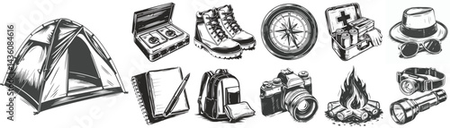 Travel and camping vector illustration with backpack tent and hiking essentials
