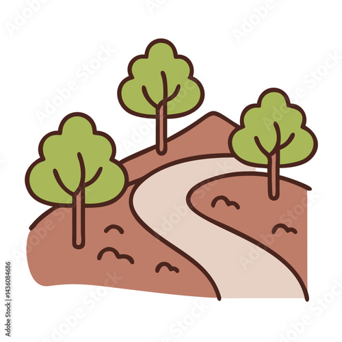 Scenic winding path through lush green trees leading into a tranquil natural landscape
