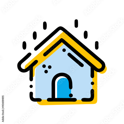 Colorful illustration of a rainy house with simple design that captures the essence of a cozy dwelling in bad weather conditions