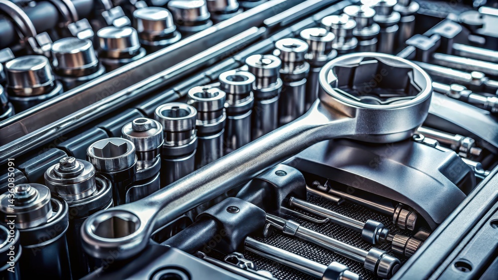Fototapeta premium Close-up of engine block with socket wrench and ratchet handle, mechanical, automotive, mechanical, automotive, industry
