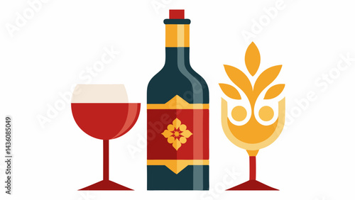 A red wine beverage in a glass and bottle is isolated for a celebration drink