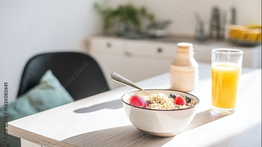 Healthy Breakfast with Oatmeal and Fresh Fruits on Minimalist Table Healthy Breakfast with Oatmeal and Fresh Fruits on Minimalist Table