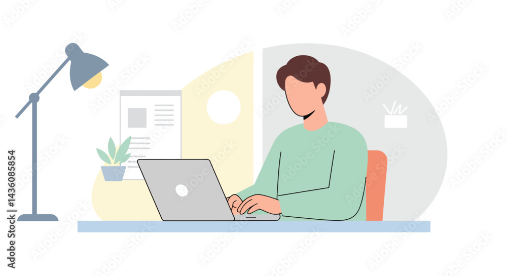 Minimalist Desk Scene with Laptop Lamp Plant and Document Stack Minimalist Desk Scene with Laptop Lamp Plant and Document Stack