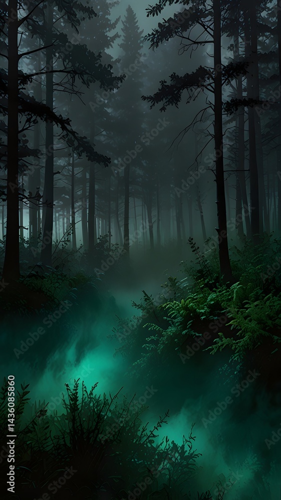 Obraz premium Misty Forest Scene with Lush Greenery and a Hint of Ethereal Light Filtering Through