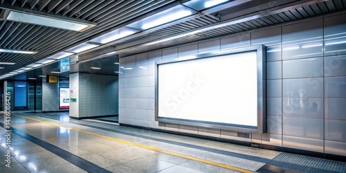 A blank billboard in a subway station with a bright light shining on it