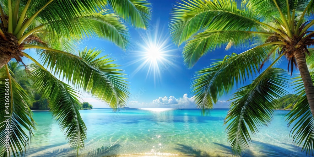 Fototapeta premium Tropical Palm Trees under Bright Sunny Sky with Leafy Branches Reflecting in Shimmering Blue Water , tropical palm trees, summer beach scene