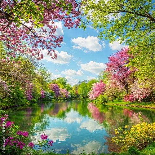 Spring Lake with Blooming Flowers and Clear Water