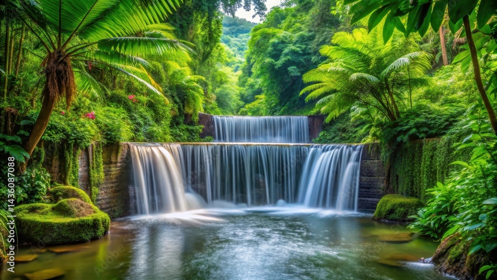 serene water flow under jungle dam with lush tropical foliage, nature scenery, outdoors serene water flow under jungle dam with lush tropical foliage, nature scenery, outdoors