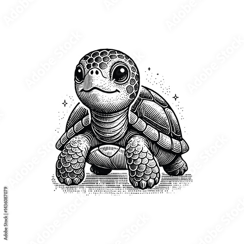 Engraved Turtle Design – Vintage Style Wildlife Illustration, drawn in an engraved, woodcut style with fine details sketch engraving vector illustration. Scratch board imitation. Black and white image