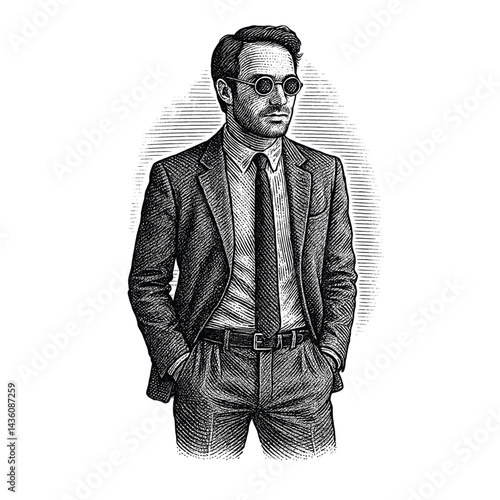Engraved Stylish Man in Suit – Vintage Fashion Illustration, drawn in an engraved, woodcut style with fine details sketch engraving vector illustration. Scratch board imitation. Black and white image.