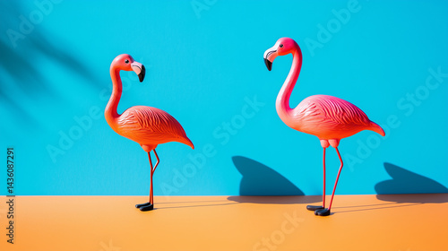 Two cheerful flamingo toys on bright orange and blue background with soft shadows, sunny day optimistic composition, f/4.0 aperture