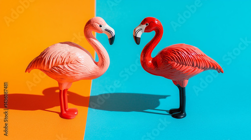 Two cheerful flamingo toys on bright orange and blue background with soft shadows, sunny day optimistic composition, f/4.0 aperture