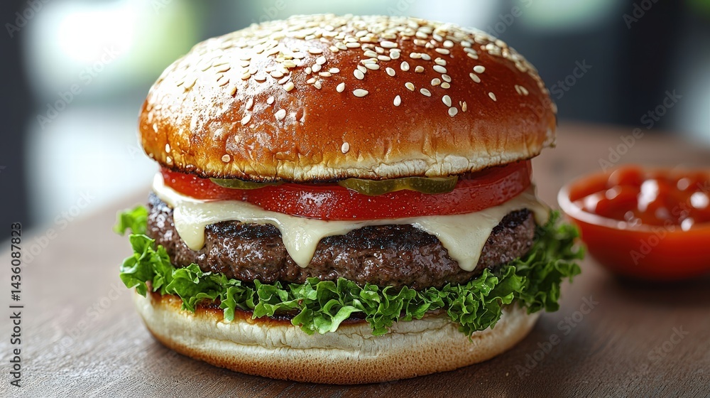 Delicious homemade cheeseburger with fresh lettuce tomato pickles melted cheese sesame seed bun and side of ketchup on rustic wooden table Delicious homemade cheeseburger with fresh lettuce tomato pickles melted cheese sesame seed bun and side of ketchup on rustic wooden table