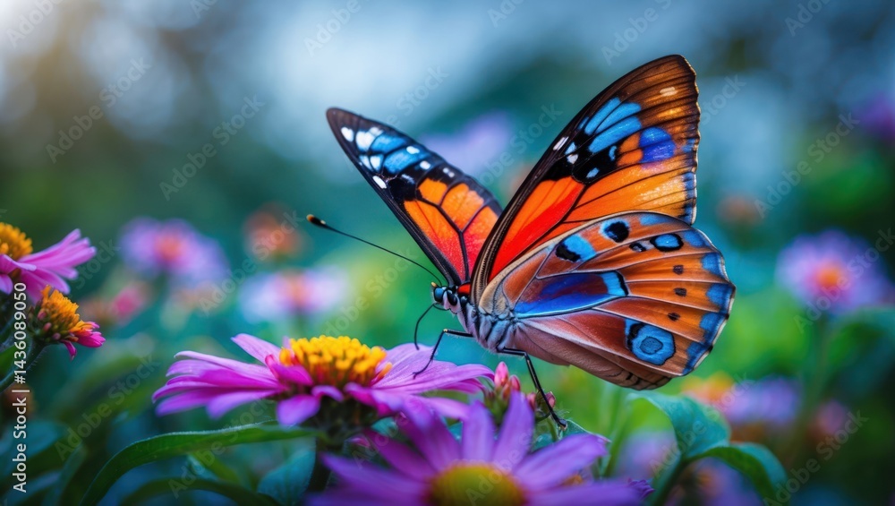 Fototapeta premium Butterfly Resting on Flower with Vibrant Colorful Wings in Garden