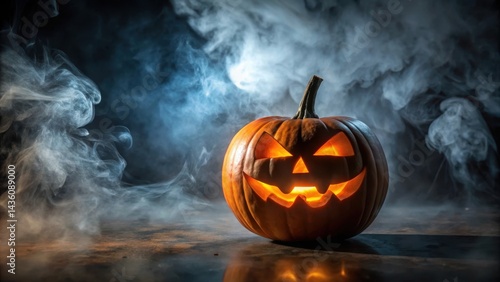 A jack o lantern with an orange face carved into a spooky expression on a black background