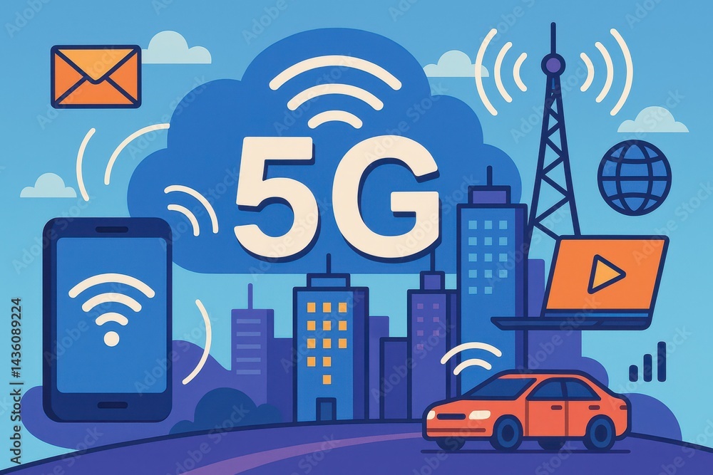Naklejka premium Illustrative Representation of 5G Technology and Its Impact on Urban Life