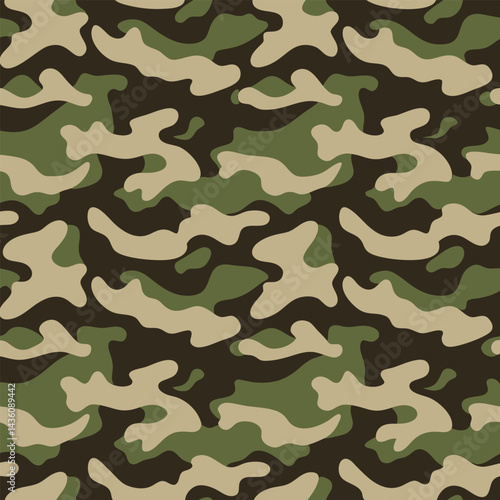 Seamless Military Camouflage Vector Pattern - Green Army Background Design.