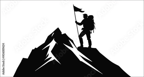 Mountain Climber Silhouette Achieving Summit Success With Flag And Backpack Vector Illustration