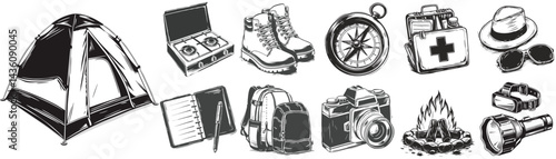 Camping tools and gear vector set with stove backpack compass and hiking boots