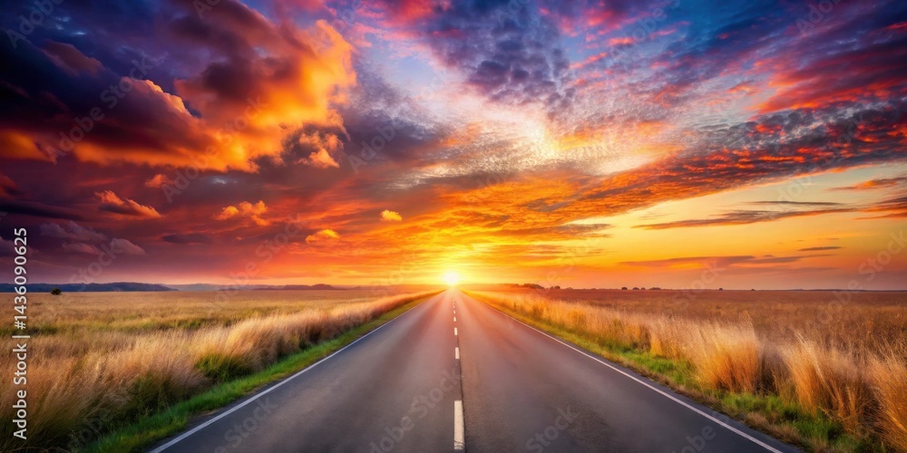 A Scenic Asphalt Road Leading Towards a Vibrant Sunset Over a Golden Field A Scenic Asphalt Road Leading Towards a Vibrant Sunset Over a Golden Field
