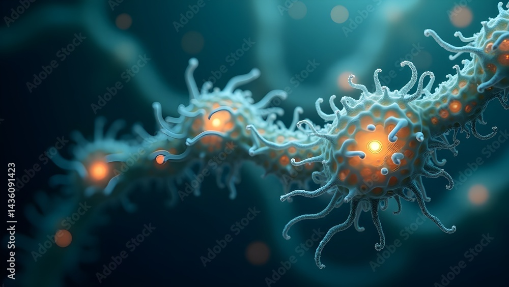 Obraz premium Abstract Neuron Network Background, Neural Cell Structure, Synapse Connection, Brain Activity Concept, Science Illustration, Microscopic View, Wallpaper, Banner, Presentation