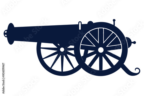 Silhouette of a Vintage Cannon with Wooden Wheels Isolated on White