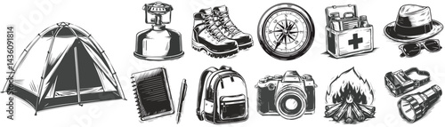 Adventure camping essentials collection vector with boots stove and backpack