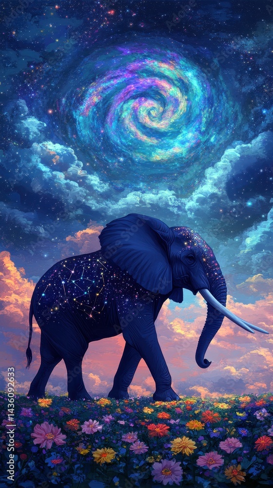 Obraz premium Celestial elephant walks through vibrant flowers under swirling galaxy.