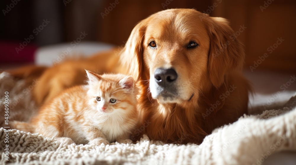 Golden Retriever and Kitten Sitting Together on a Cozy Blanket, Warm Natural Light, Soft Blurred Background Golden Retriever and Kitten Sitting Together on a Cozy Blanket, Warm Natural Light, Soft Blurred Background