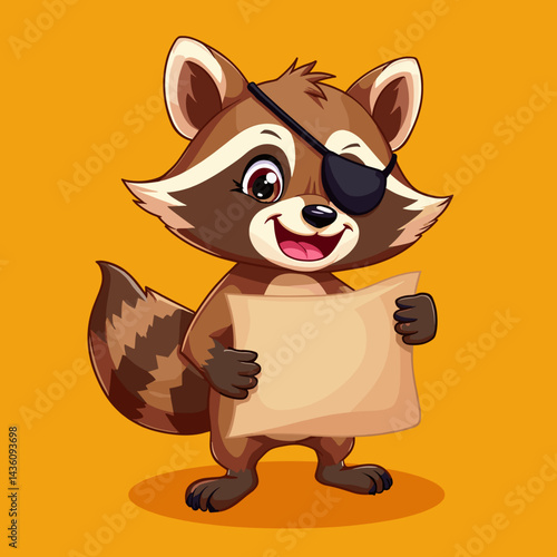 Happy raccoon pirate with an eyepatch and a treasure map